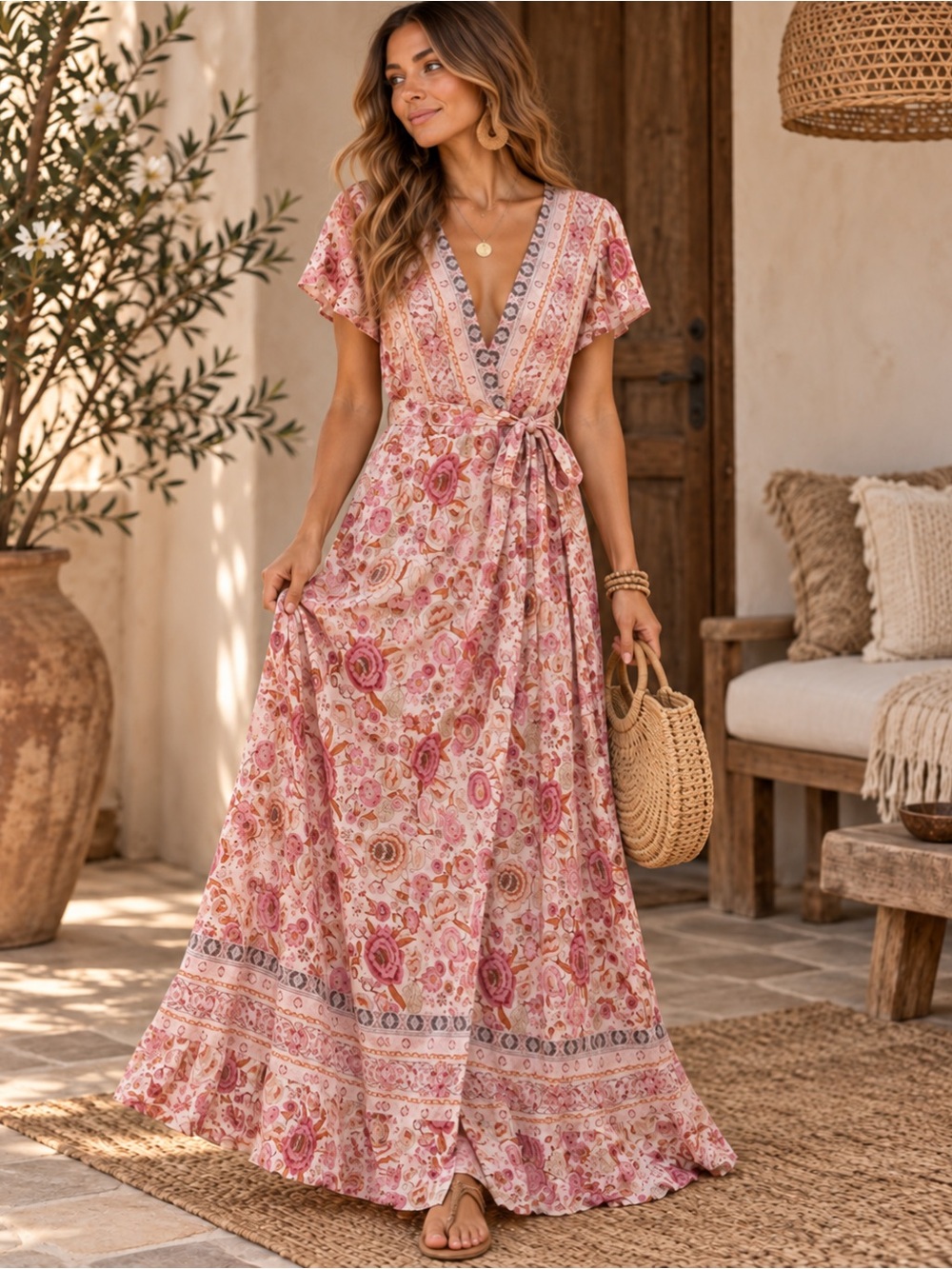 Boho Floral Wrap Maxi Dress